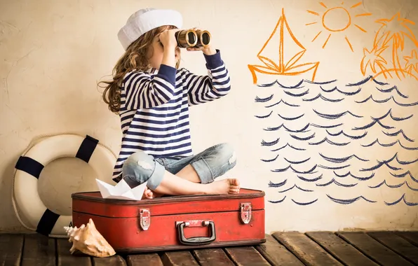 Картинка рисунок, ракушка, девочка, бинокль, чемодан, спасательный круг, бумажный корабль