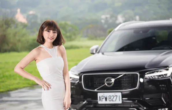 Взгляд, азиатка, Эротика, красивая девушка, черный авто, Volvo XC90, позирует на фоне машины
