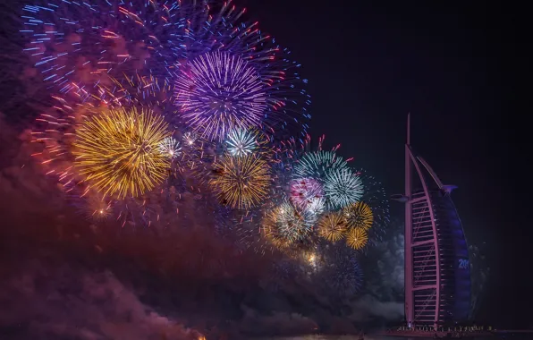 Картинка город, новый год, Дубай, ОАЭ, салюты, феерверки