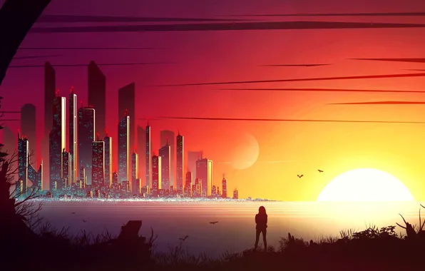 Картинка city, fantasy, sunset, science fiction, birds, sun, people, sci-fi