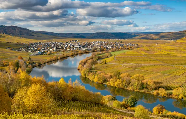 Картинка Природа, Облака, Осень, Германия, Пейзаж, Реки, Leiwen