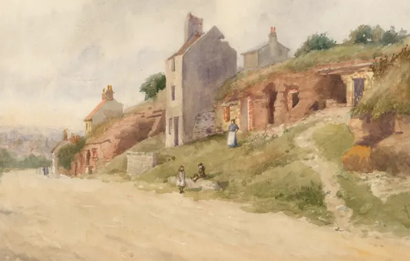 Картина, живопись, painting, Ноттингемшир, 1813, A.S Buxton, Пещерные обитатели Мэнсфилда, Rock Houses