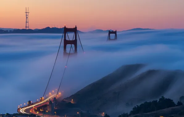 Картинка city, lights, USA, Golden Gate Bridge, road, landscape, bridge, photo