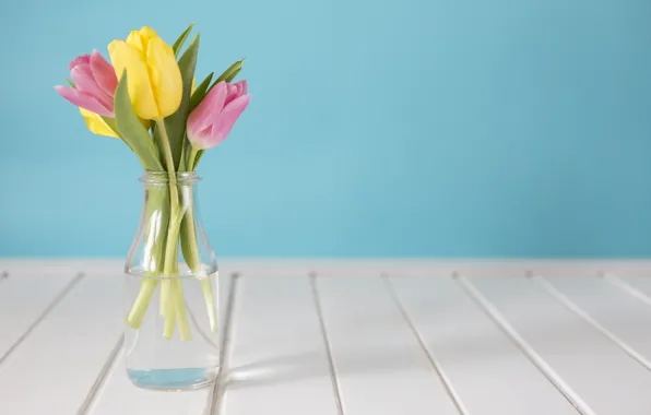 Букет, желтые, тюльпаны, розовые, yellow, pink, tulips, vase