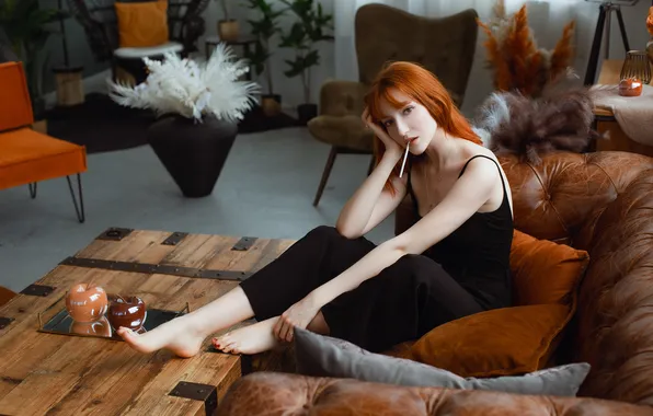 Barefoot, model, women, redhead, cigarettes, casual