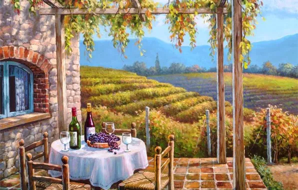 Вино, картина, живопись, столик, терраса, виноградники, painting, Sung Kim