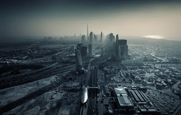 Картинка закат, city, город, здания, дороги, небоскребы, Дубай, Dubai