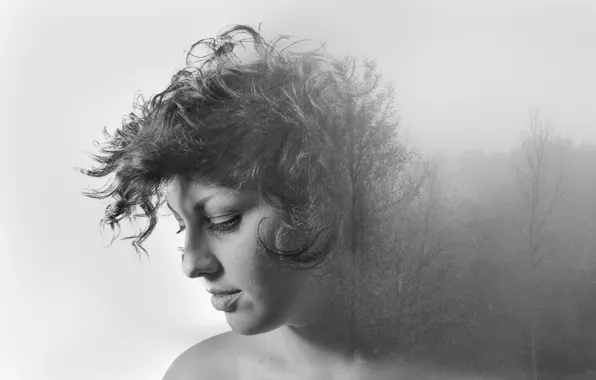 Girl, trees, fog, hair, mist, double exposure