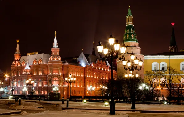 Картинка зима, ночь, город, огни, Красная, площадь, фонари, Москва