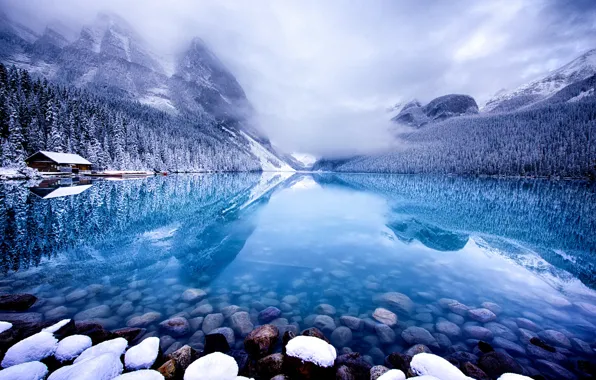 Картинка зима, снег, горы, озеро, камни, Канада