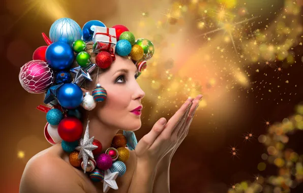 Картинка девушка, шарики, украшения, лицо, праздник, игрушки, новый год