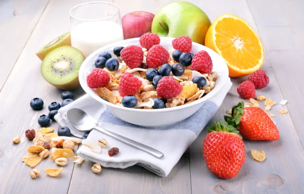 Картинка ягоды, малина, завтрак, молоко, черника, клубника, фрукты, злаки
