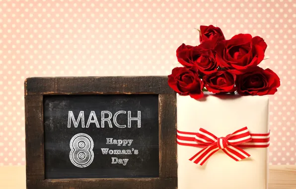 Цветы, фон, подарок, табличка, розы, красные, 8 марта, ленточка