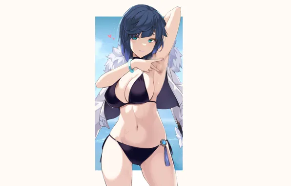 Girl, hot, sexy, boobs, blue, anime, short hair, pretty