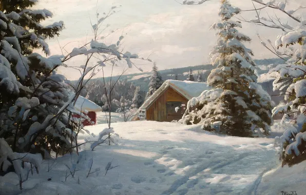 Картинка зима, снег, деревья, пейзаж, елки, картина, сугробы, домик
