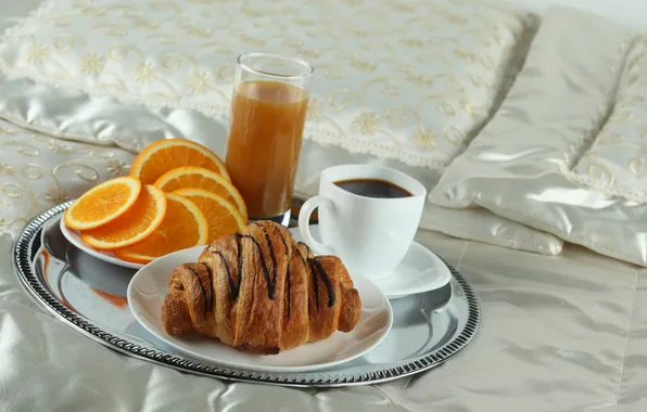 Картинка кофе, апельсин, завтрак, сок, постель, поднос, круассан
