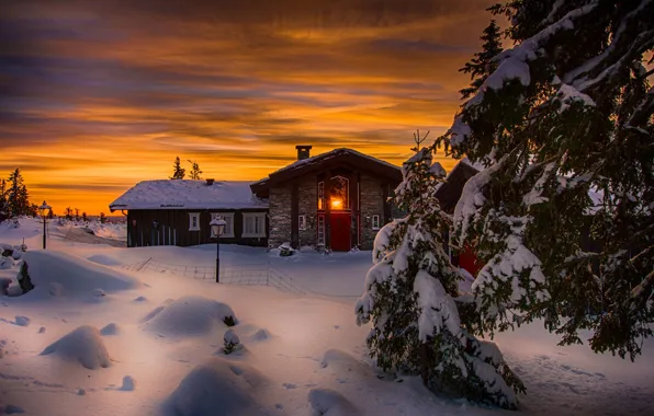 Картинка зима, снег, деревья, пейзаж, закат, природа, дом, ели