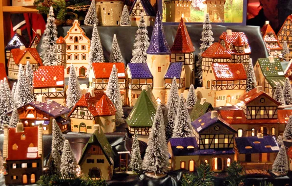 Картинка зима, снег, окна, новый год, крыши, деревня, башни, домики