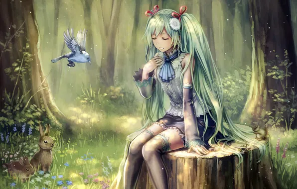 Картинка лес, девушка, птицы, звери, аниме, Hatsune Miku, Vocaloid, art