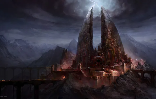 Картинка мост, замок, молнии, арт, мрачно, Lord of The Rings, War In The North, Ilya Nazarov