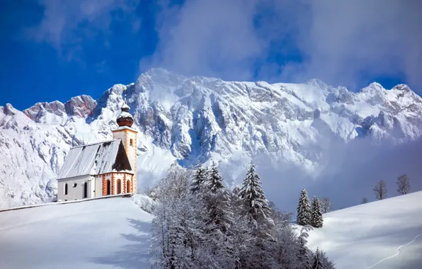 Картинка зима, снег, деревья, горы, Австрия, церковь, Austria, Берхтесгаденские Альпы