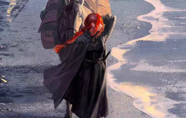 Girl, sword, fantasy, beach, sea, redhead, horse, digital art