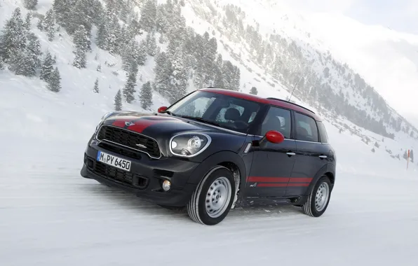 Зима, Горы, Черный, Полосы, Фары, Mini Cooper, MINI, Передок