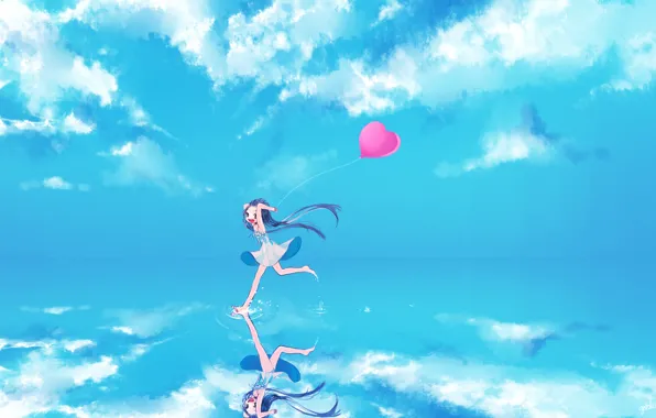 Картинка небо, вода, девушка, облака, радость, отражение, шарик, арт