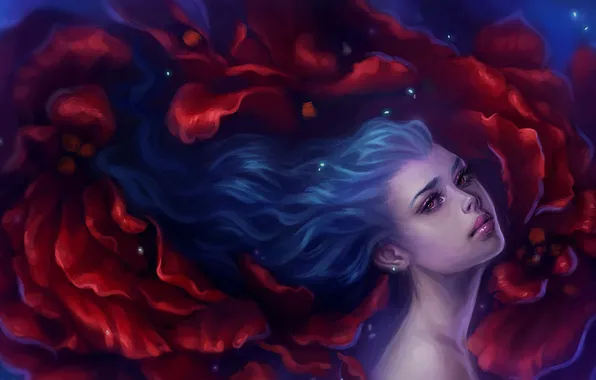 Картинка девушка, волосы, арт, синие, art