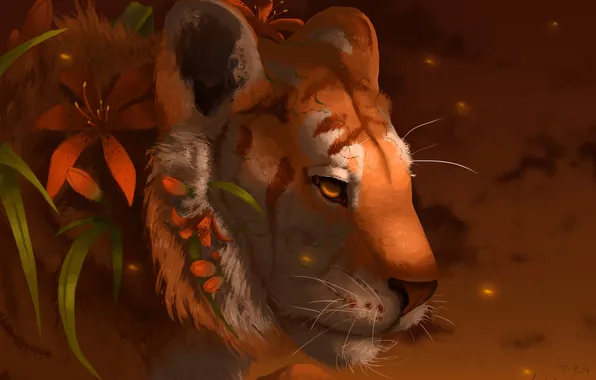 Картинка цветы, тигр, животное, хищник, арт, профиль. взгляд