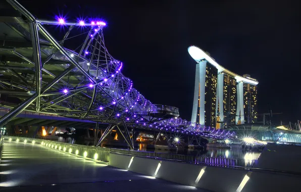 Картинка ночь, мост, огни, вечер, отель, singapore