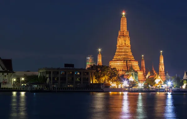 Картинка ночь, огни, река, Таиланд, дворец, Bangkok