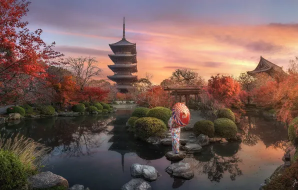 Картинка осень, пейзаж, закат, природа, пруд, камни, женщина, японка