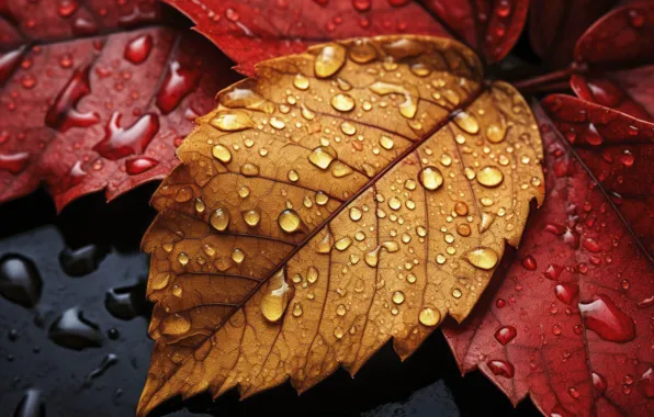 Осень, листья, вода, капли, фон, дождь, close-up, water