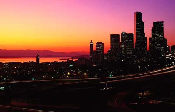 Картинка city, lights, USA, twilight, road, sea, ocean, sunset