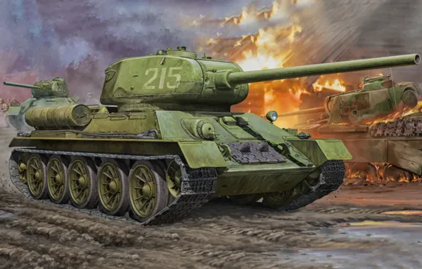 Картинка war, art, painting, ww2, T-34-85.tank