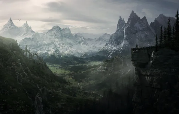 Картинка пейзаж, горы, скалы, дракон, вид, довакин, dragon, Skyrim
