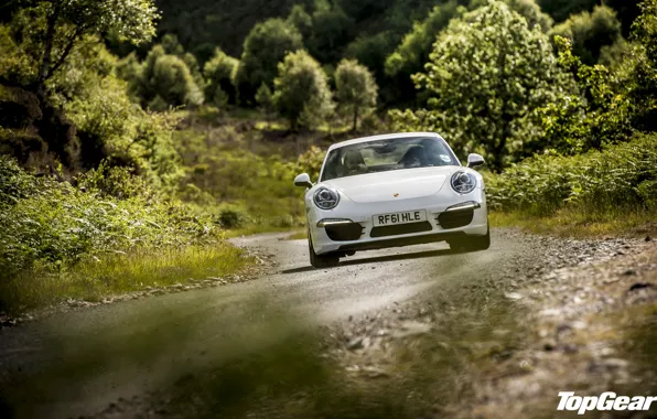 Картинка дорога, белый, трава, деревья, 911, Porsche, Top Gear, суперкар, передок, самая лучшая телепередача, высшая передача, …
