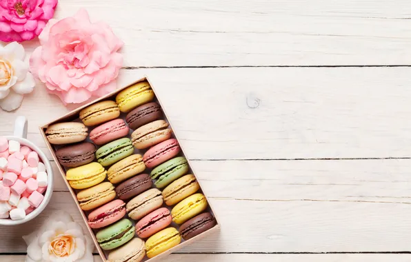 Цветы, подарок, colorful, wood, pink, flowers, macarons, gift box