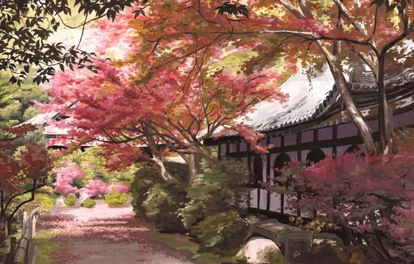 Картинка осень, деревья, скамейка, дом, забор, тень, Япония, дорожка