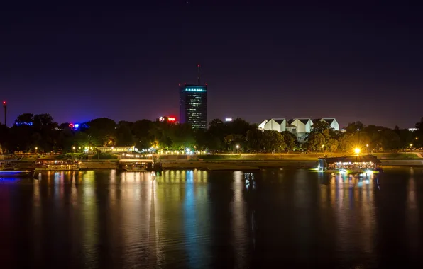 Картинка ночь, город, река, фото, побережье, Сербия, Belgrade