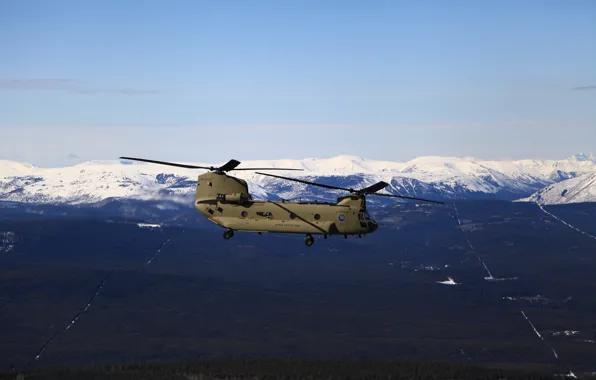 Картинка снег, полет, горы, вершины, местность, Alaska, helicopter, ВВС США
