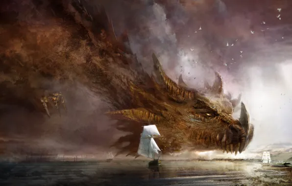 Картинка Море, Дракон, Корабли, Fantasy, Dragon, Art, Guild Wars 2, Фантастика