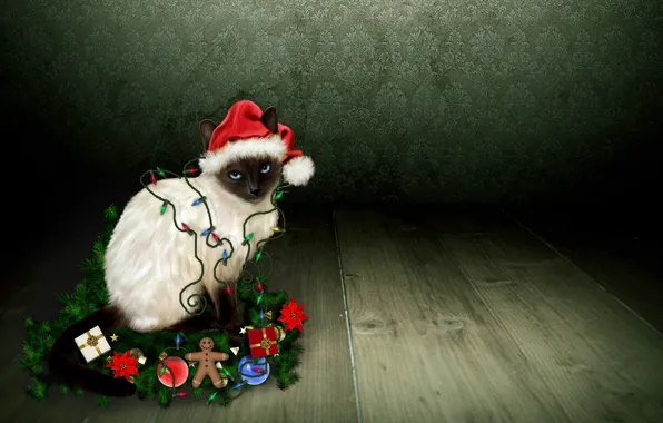 Картинка кошка, взгляд, новогодние украшения, пряничный человечек