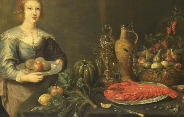 Масло, портрет, картина, Monogrammist, Молодая женщина за столом с фруктами, 1675, Монограммист