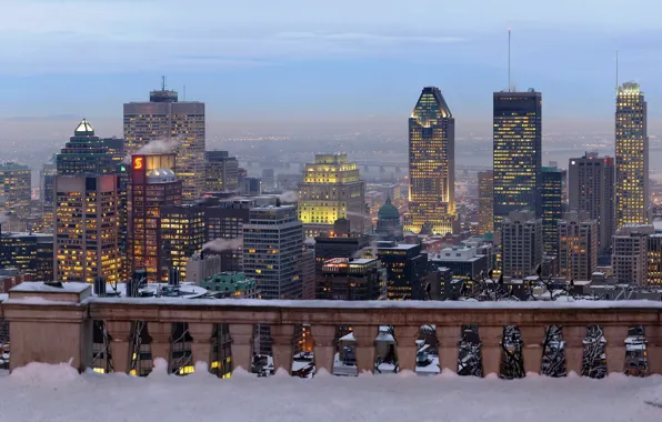 Картинка зима, город, небоскребы, панорама, канада, высотки, монреаль
