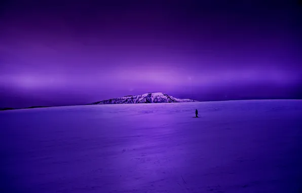 Night, winter, view, snow, purple, purple sky