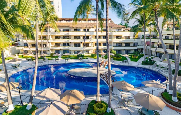 Пальмы, бассейн, Мексика, зонтики, курорт, Mexico, Puerto Vallarta, Jalisco