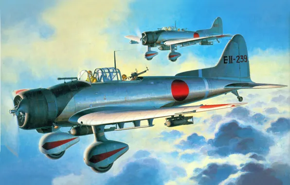 Картинка небо, рисунок, арт, бомбардировщики, палубные, одномоторные, пикирующие, налёт на Перл-Харбор