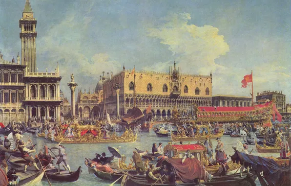 Люди, картина, лодки, венеция, venice, дворец дожей, антонио каналетто, гости